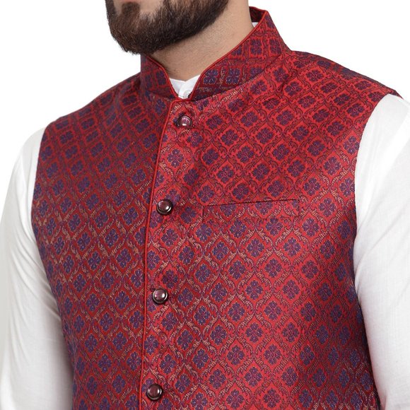 Sleeveless Traditional Brocade Silk Fabric Maroon Nehru Jacket by Treemoda - Picture 4 of 5